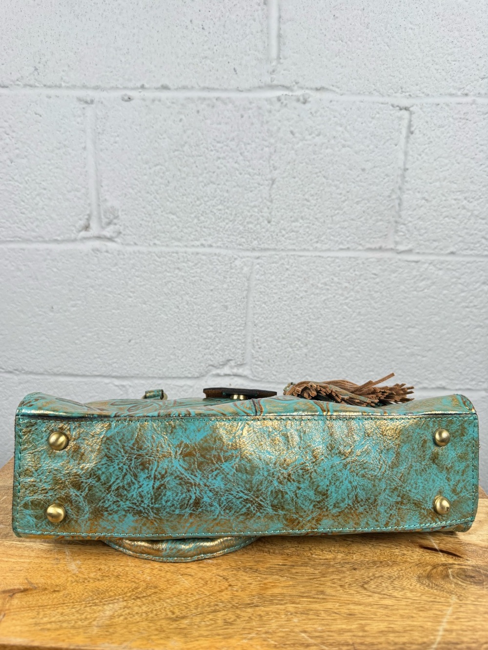 Patricia Nash Turquoise Gold Tooled Floral Leather Satchel Tassel Bag - Picture 6 of 15